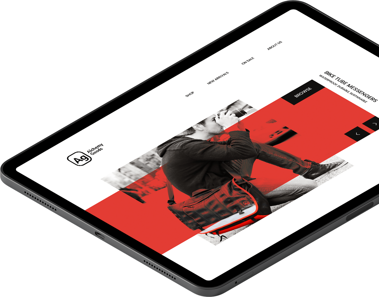 Alchemy Goods website displayed on iPad Pro
